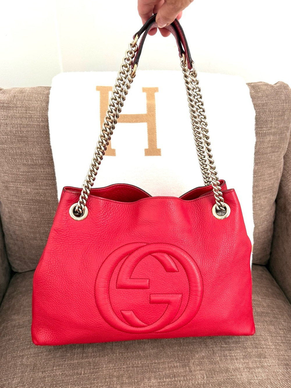 Authentic Gucci Soho Pebbled Calfskin Tote Bag shoulder bag red leather
